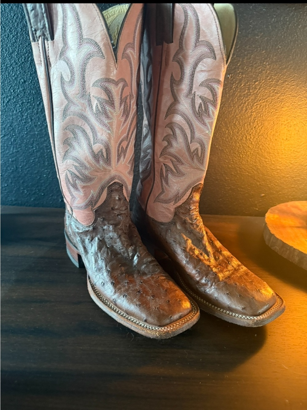 Brown Ostrich Leather Western Boots with Pink Shaft
